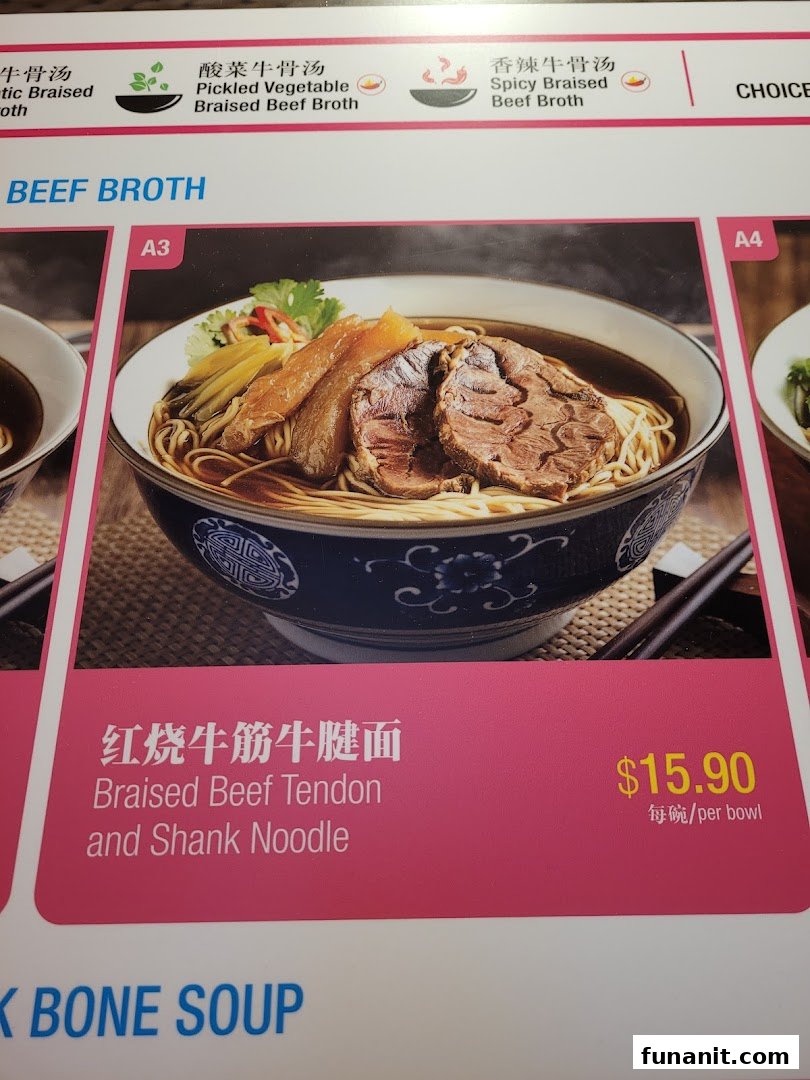 A menu page showcasing LeNu's Braised Beef Tendon and Shank Noodle dish with various broth options.