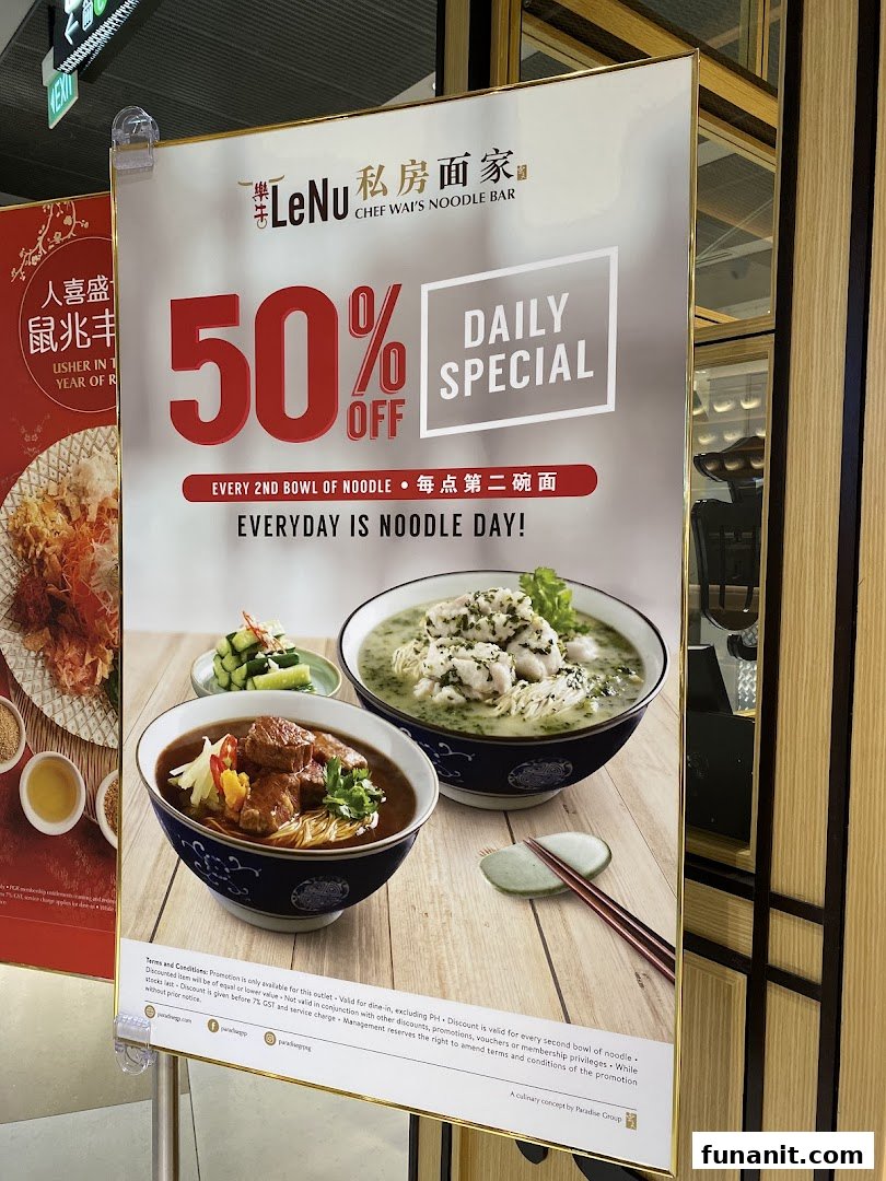 A promotional poster for LeNu Chef Wai's Noodle Bar, highlighting a 50% off daily noodle special.