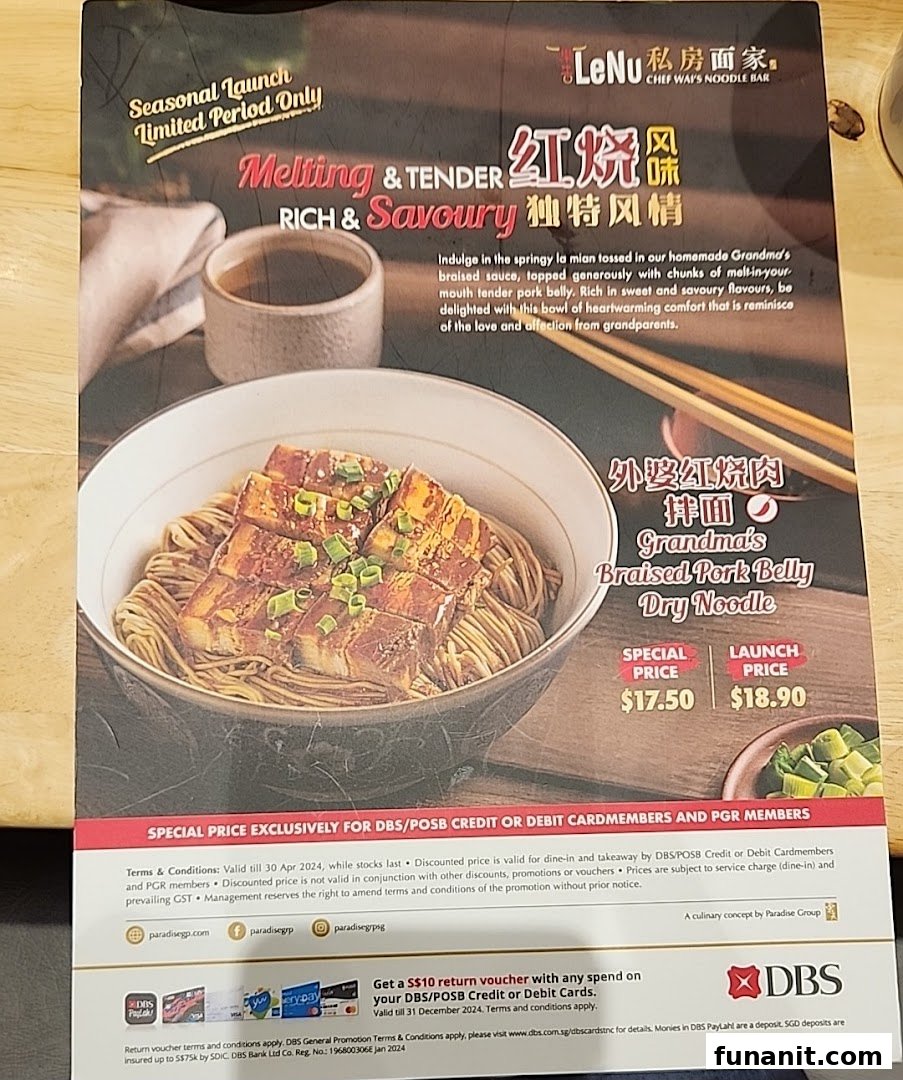 A menu featuring LeNu's Grandma's Braised Pork Belly Dry Noodle with pricing and promotions.