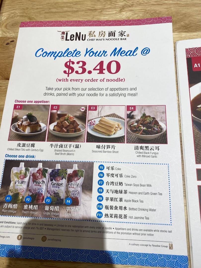A promotional menu page from LeNu Chef Wai's Noodle Bar, detailing a meal upgrade offer with appetizers and drinks.