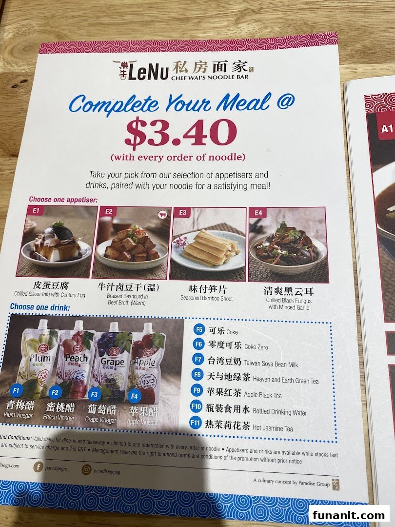 A promotional menu page from LeNu Chef Wai's Noodle Bar, detailing a meal upgrade offer with appetizers and drinks.