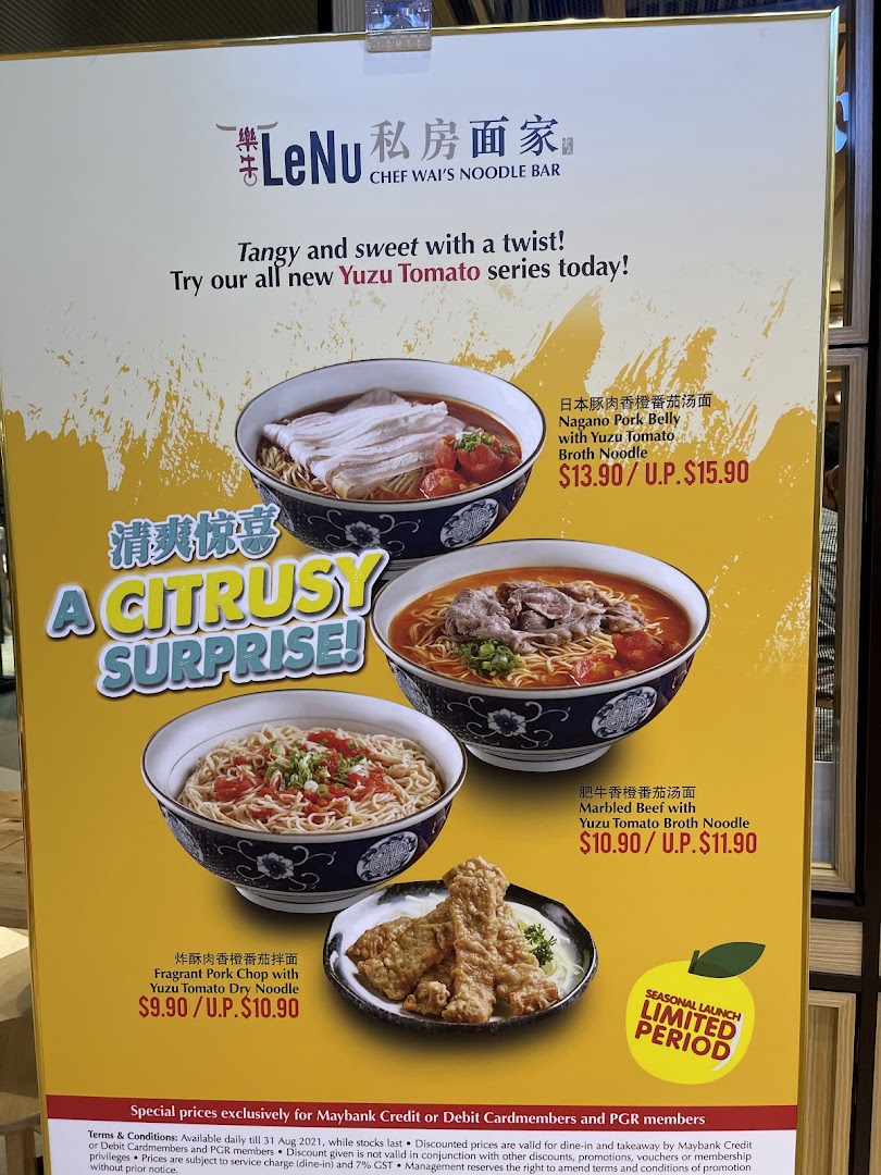 A promotional menu for LeNu Chef Wai's Noodle Bar, showcasing their new Yuzu Tomato noodle series.