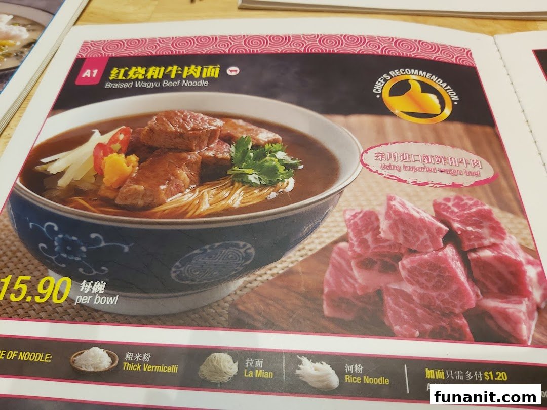 A menu page showcasing the Chef's Recommended Braised Wagyu Beef Noodle with its price and noodle options.