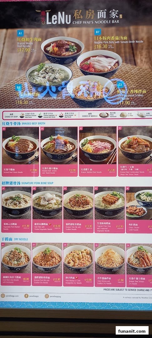 A detailed menu board showcasing various noodle dishes and their prices at LeNu.
