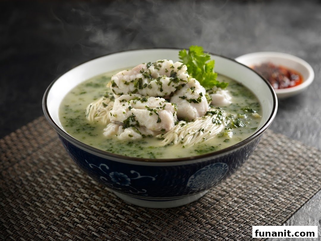 A steaming bowl of fish and noodle soup with green herbs, served with a side of chili.