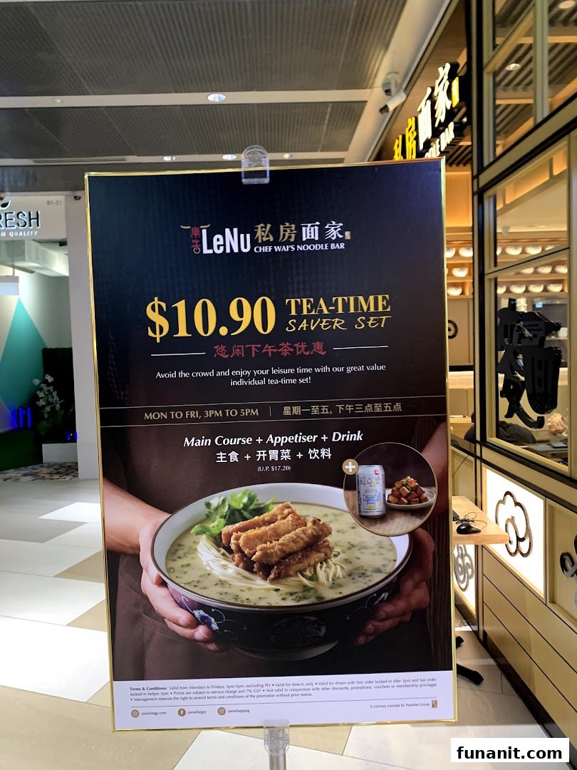 A promotional stand for LeNu Chef Wai's Noodle Bar's Tea-Time Saver Set.