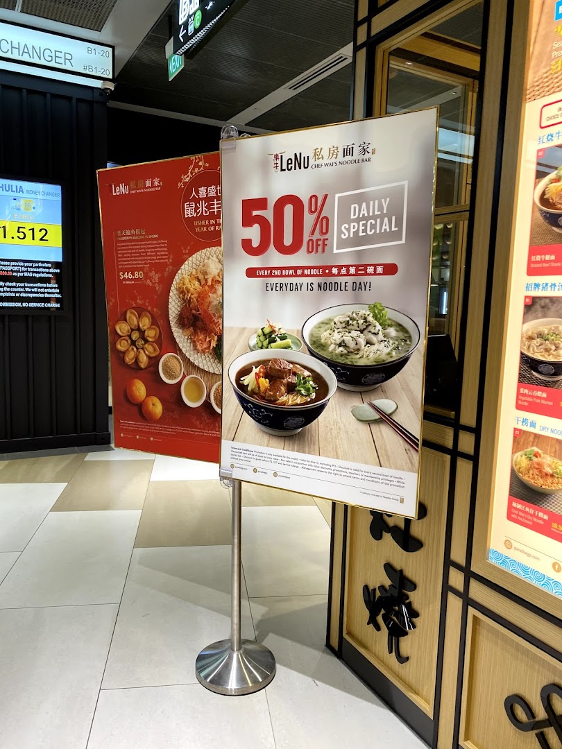 Promotional banners for LeNu Chef Wai's Noodle Bar, highlighting a 50% off daily noodle special.