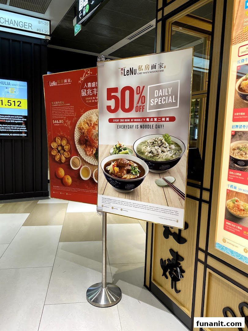 Promotional banners for LeNu Chef Wai's Noodle Bar, highlighting a 50% off daily noodle special.