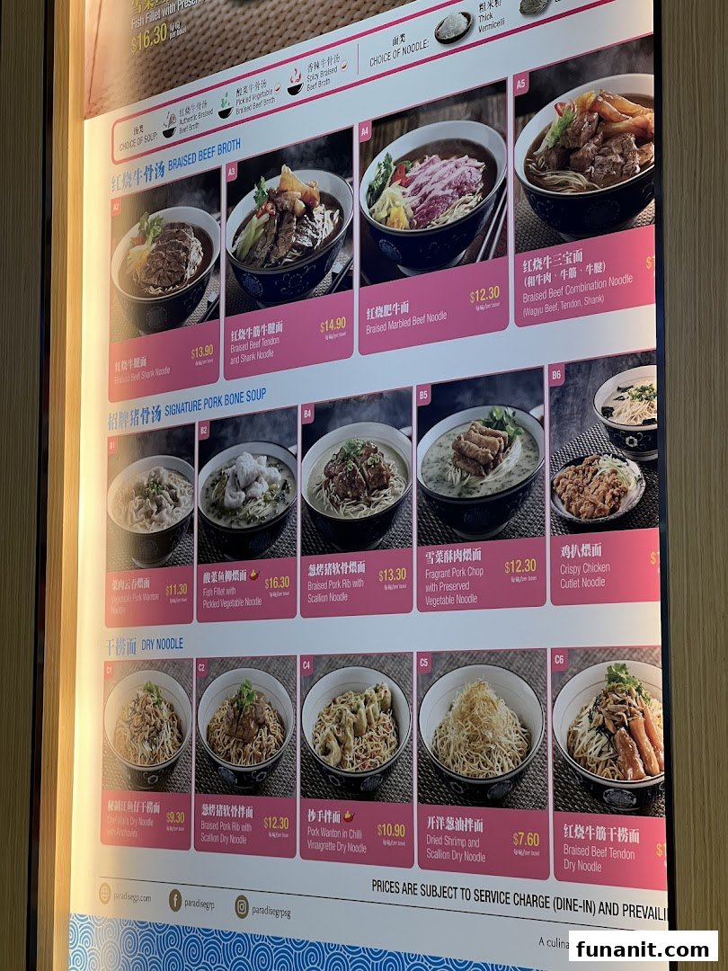 A vibrant menu display showcasing various noodle dishes with images and prices.