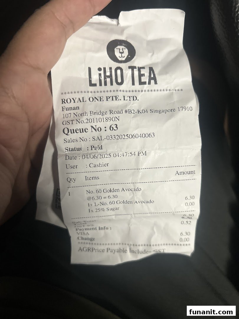 A close-up of a LiHO TEA receipt from Funan Mall showing a Golden Avocado drink purchase.