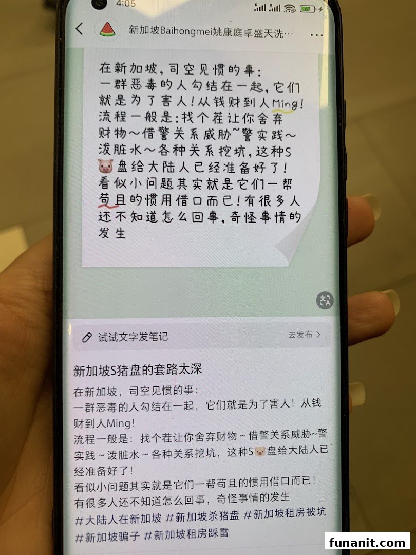 A smartphone displays a Chinese text message about scams and fraud in Singapore.