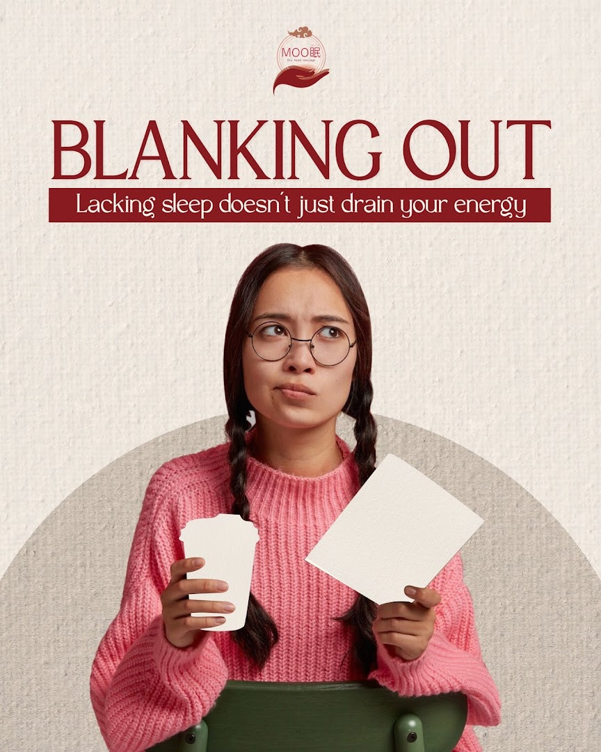 A woman looking tired and confused, with text promoting dry head massage for sleep issues.