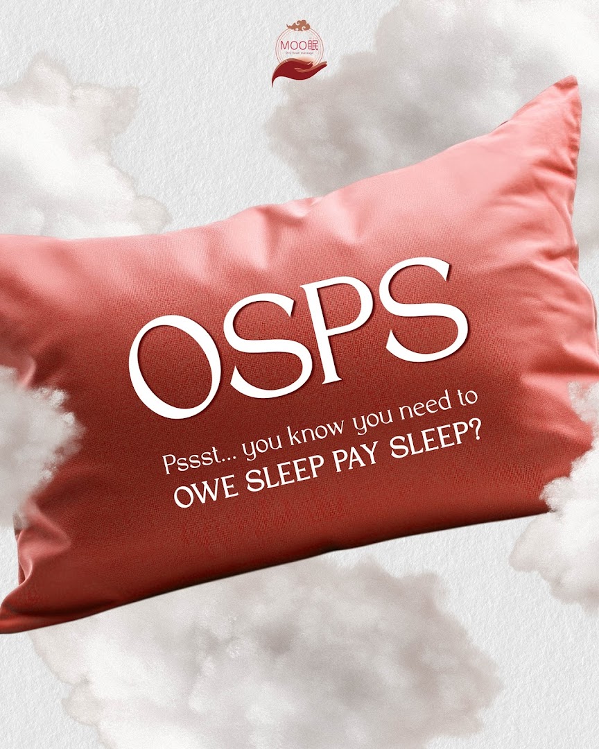 A red pillow with 'OSPS OWE SLEEP PAY SLEEP?' text, promoting relaxation and sleep.