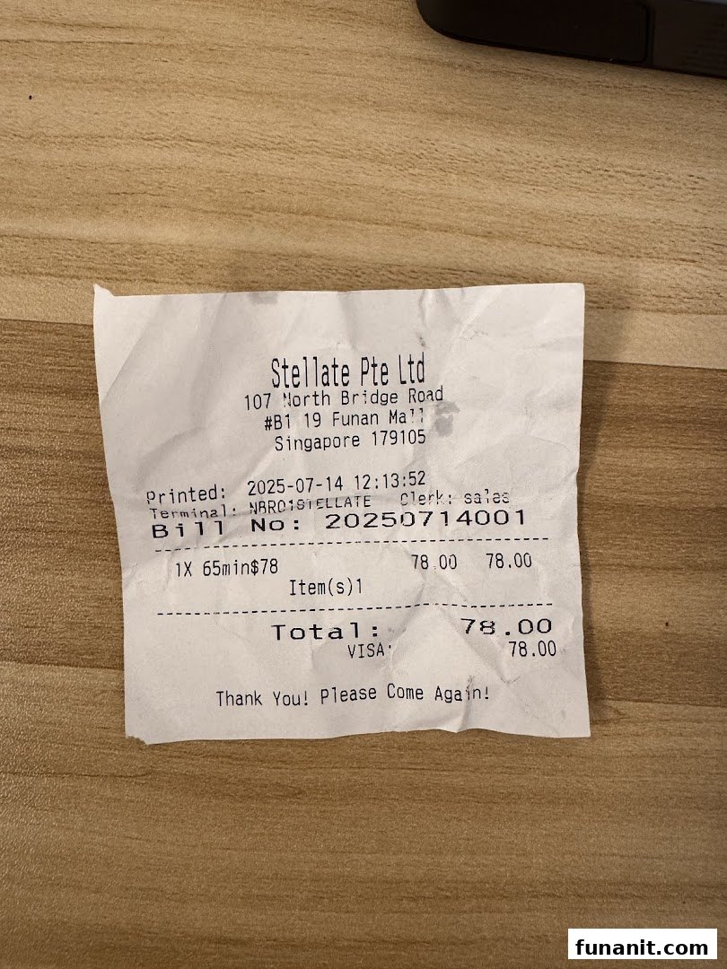 A receipt from Stellate Pte Ltd, detailing a 65-minute service transaction at Funan Mall.