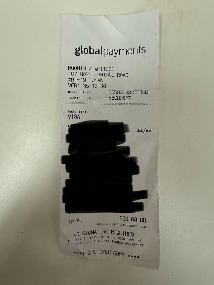 A payment receipt from Moomin / White30 at Funan, showing a transaction total of SGD 68.00.