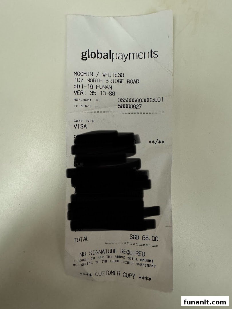 A payment receipt from Moomin / White30 at Funan, showing a transaction total of SGD 68.00.