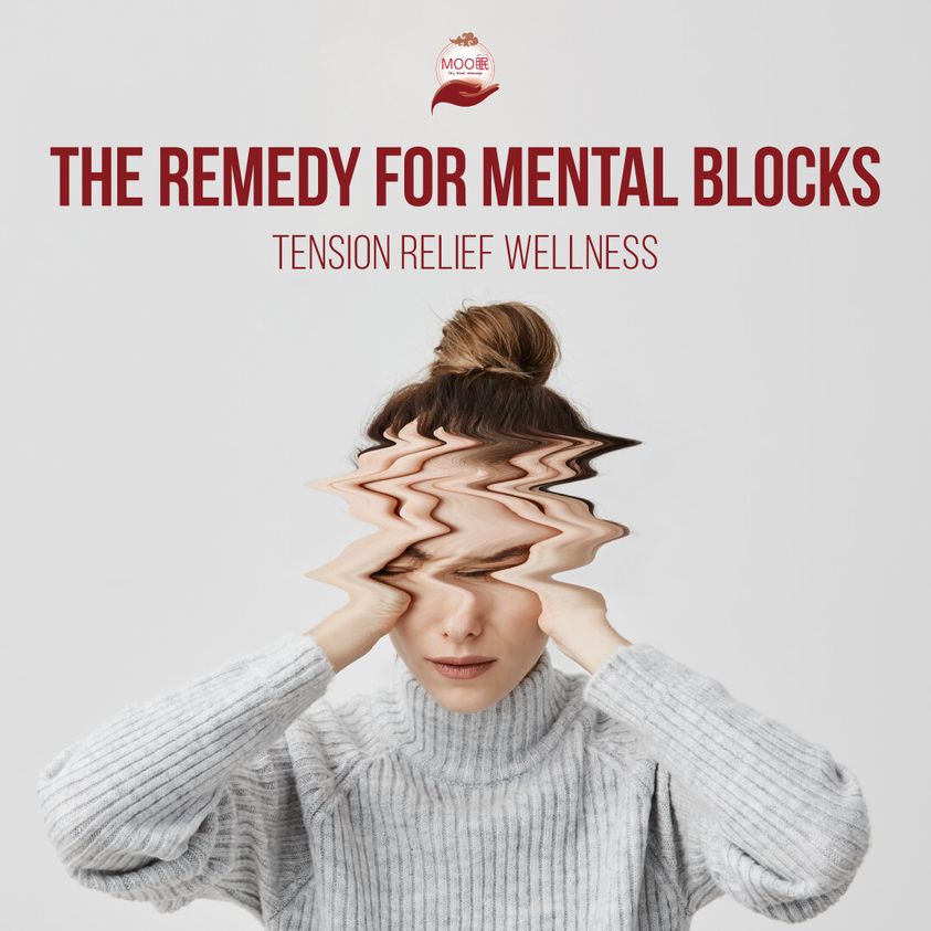 An advertisement featuring a person with a distorted face, promoting tension relief and wellness.