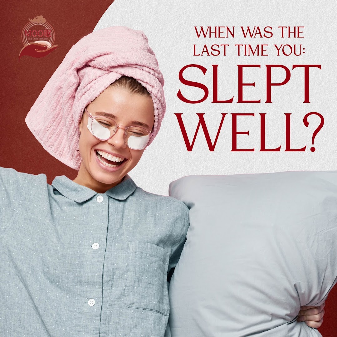 A smiling woman in pajamas with a towel and eye patches, promoting restful sleep.