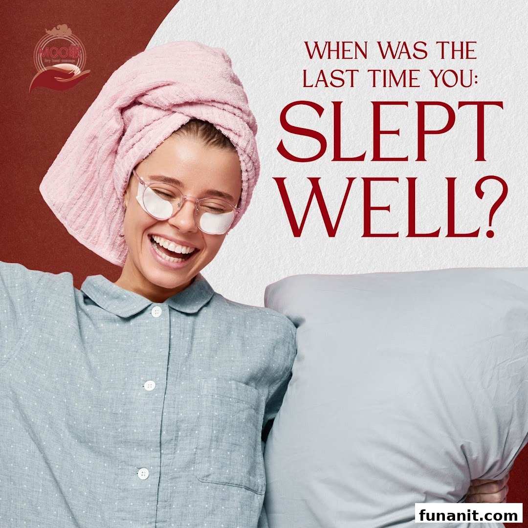 A smiling woman in pajamas with a towel and eye patches, promoting restful sleep.