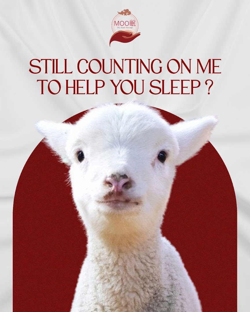 A promotional image featuring a lamb and text about sleep, promoting Moomin Dry Head Massage.