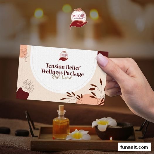 A hand holds a 'Tension Relief Wellness Package Gift Card' from Moomin Deep Sleep.
