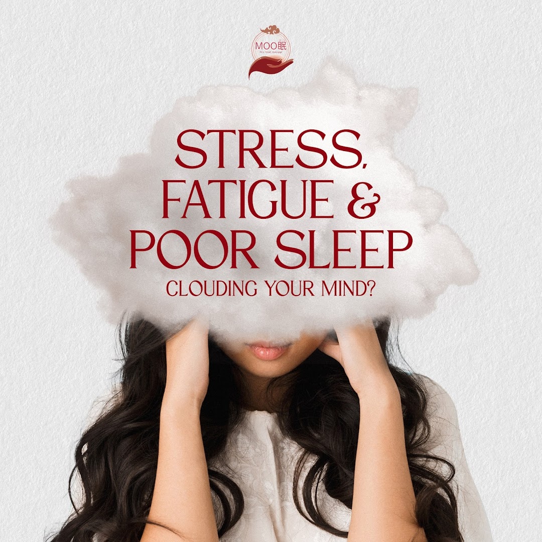 An advertisement featuring a person with a cloud over their head, addressing stress and poor sleep.