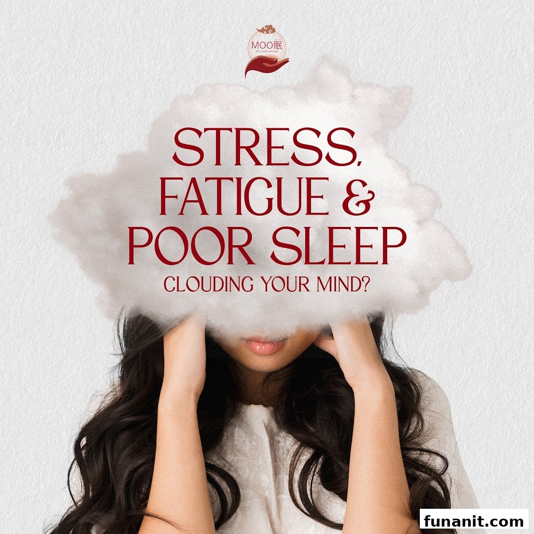 An advertisement featuring a person with a cloud over their head, addressing stress and poor sleep.