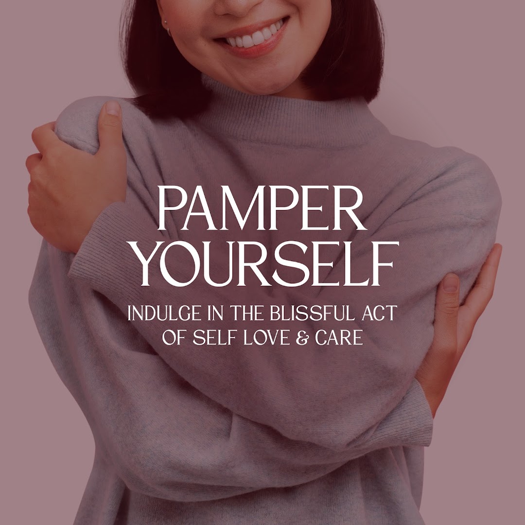 A smiling person embraces themselves, with text promoting self-care and pampering.