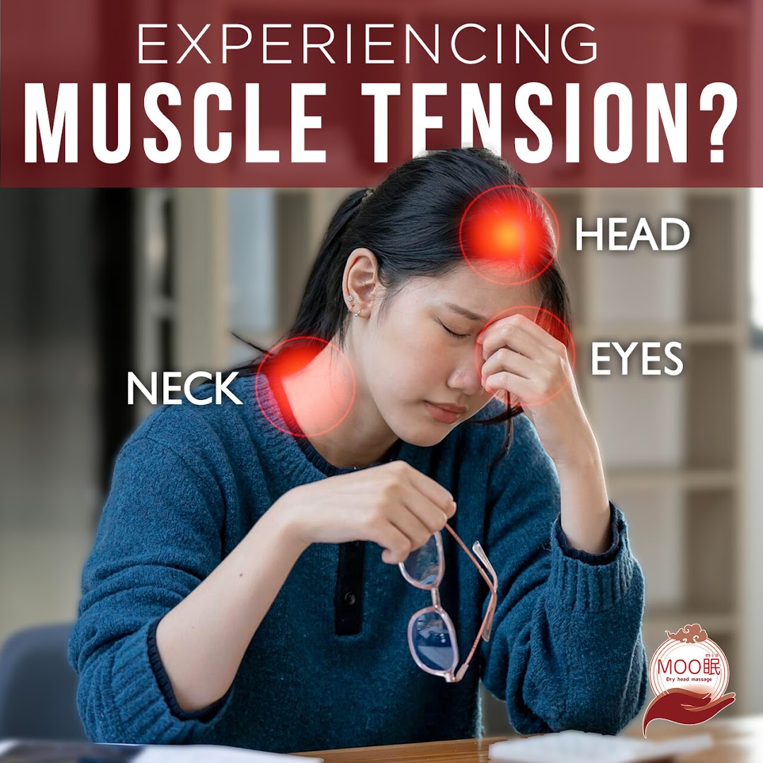 An image showing a person experiencing muscle tension in the head, eyes, and neck, with a question about tension.