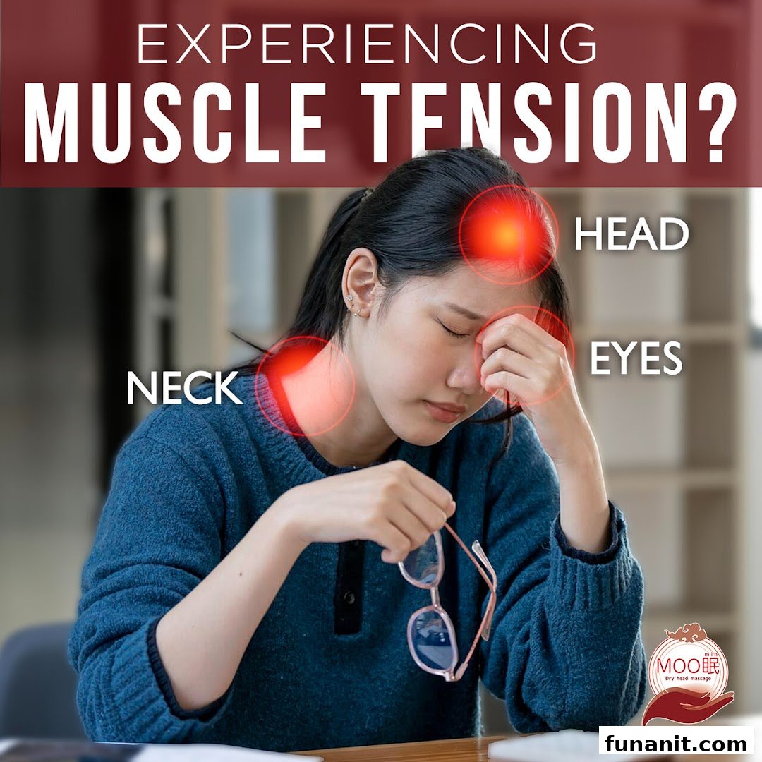An image showing a person experiencing muscle tension in the head, eyes, and neck, with a question about tension.