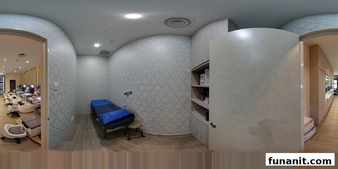 Interior view of a modern nail salon featuring pedicure stations and a private treatment room.