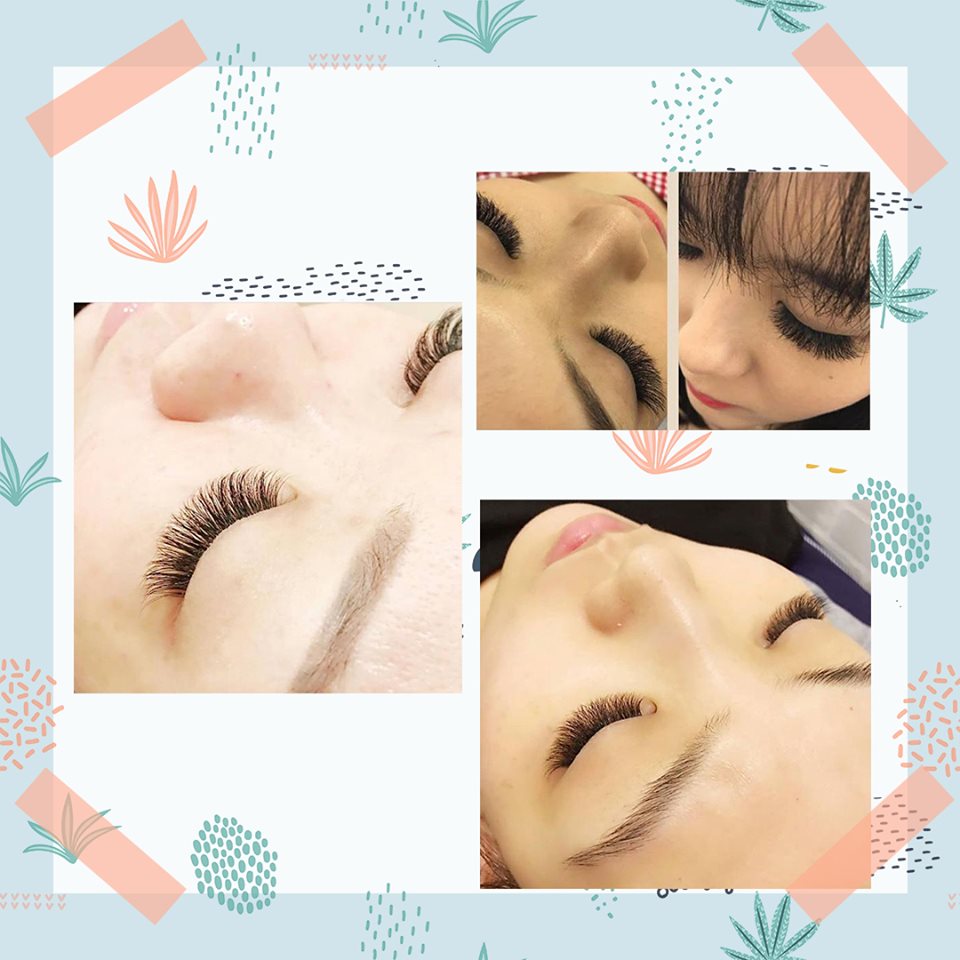 Collage showcasing various eyelash extension styles on different clients.
