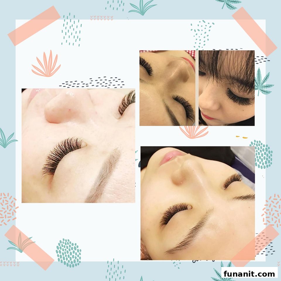 Collage showcasing various eyelash extension styles on different clients.