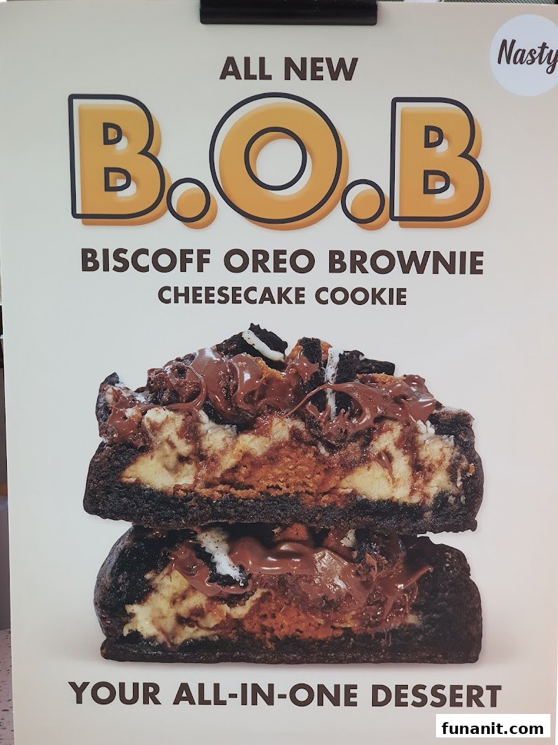 A promotional poster for Nasty Cookie's new B.O.B (Biscoff Oreo Brownie Cheesecake Cookie) dessert.