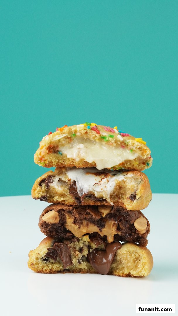 A stack of four delicious, gooey cookies cut in half, revealing their various fillings.