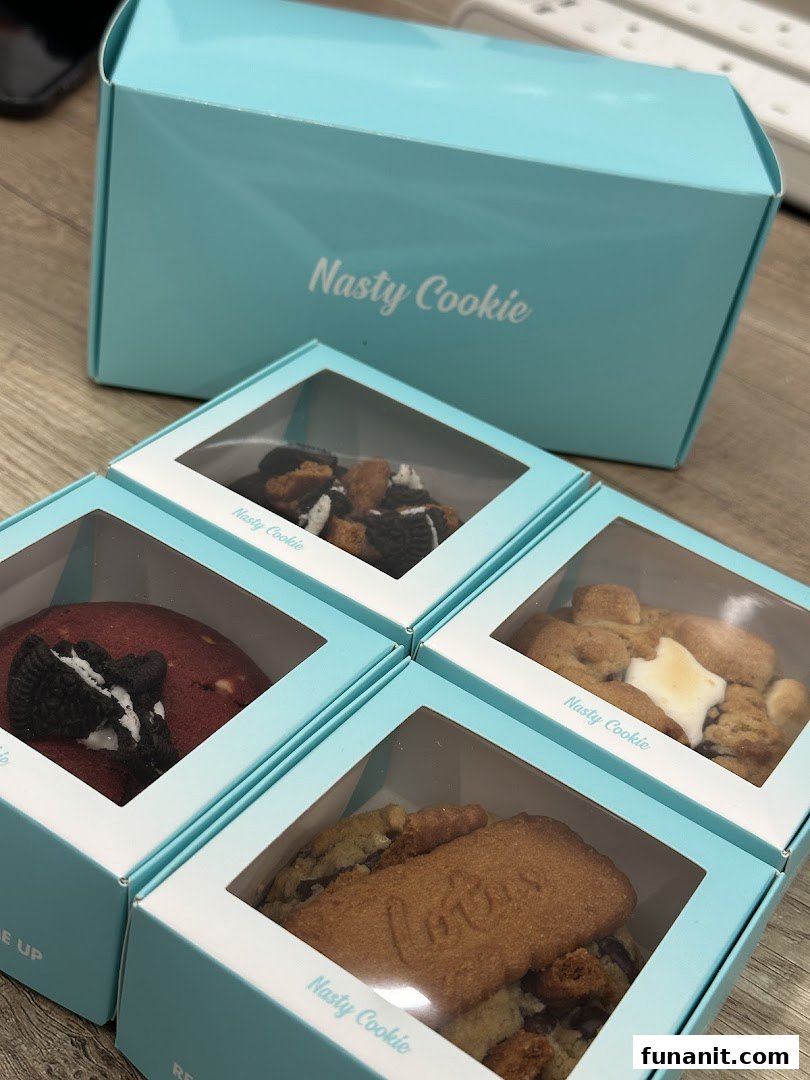 Assorted Nasty Cookie treats in individual boxes and a larger branded box.