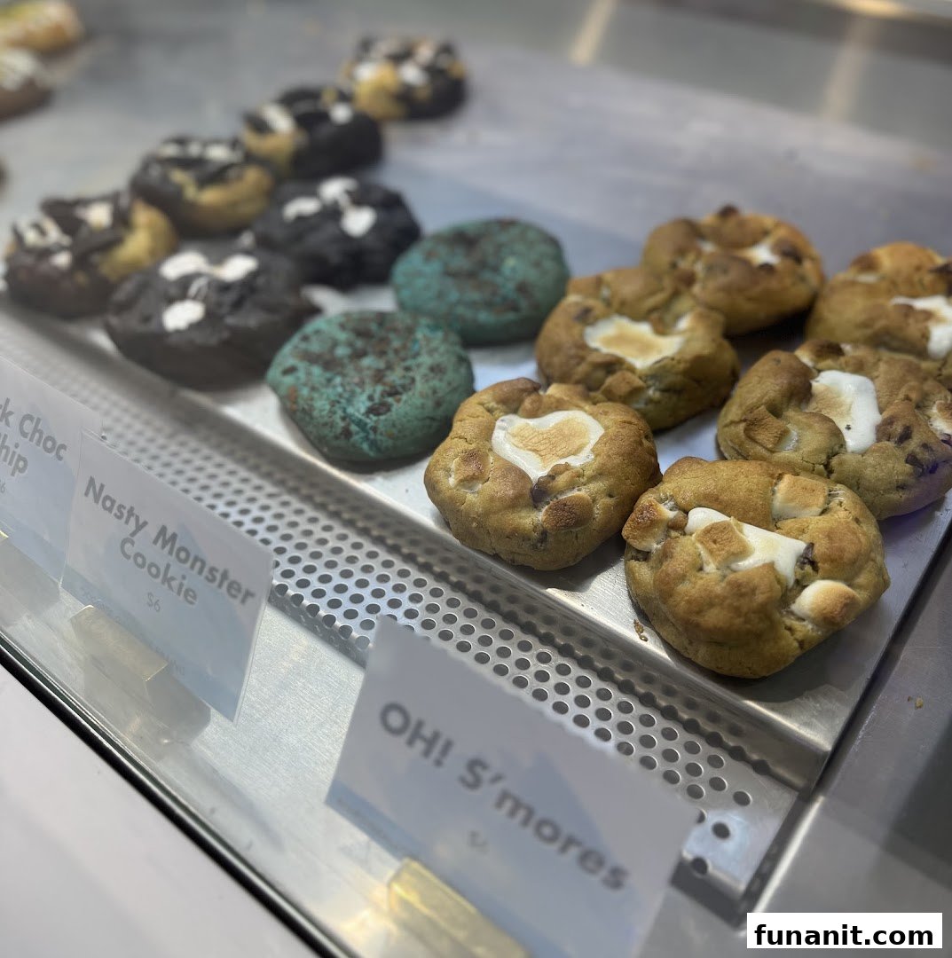 A vibrant display of Nasty Cookie's gourmet cookies, featuring S'mores and Monster varieties.