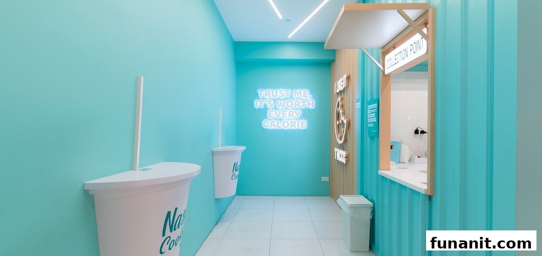 Vibrant turquoise interior of Nasty Cookie with a neon sign and large cup decor leading to a collection point.
