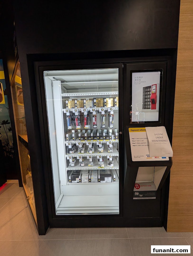 A Nikon Experience Hub vending machine displaying camera accessories and products for sale.