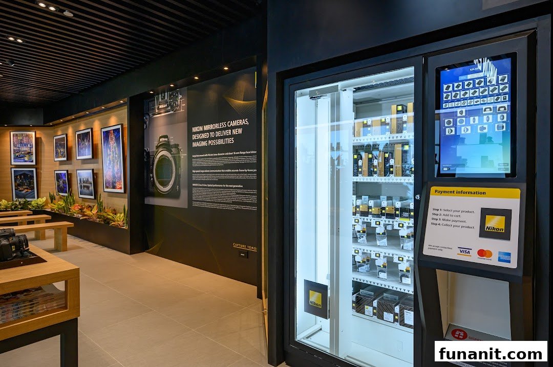 Interior view of Nikon Experience Hub featuring camera displays, product information, and a product vending machine.