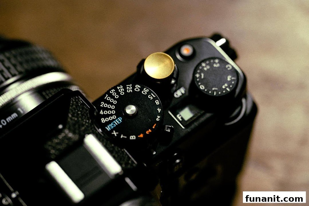 Close-up of a camera's top plate, showing shutter speed and exposure compensation dials.
