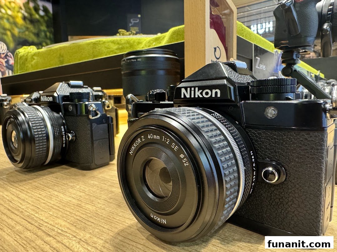 Close-up of two classic Nikon cameras with lenses displayed on a wooden counter inside the shop.