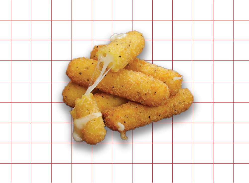 A close-up of golden-brown mozzarella sticks, one pulled apart showing melted, stringy cheese.