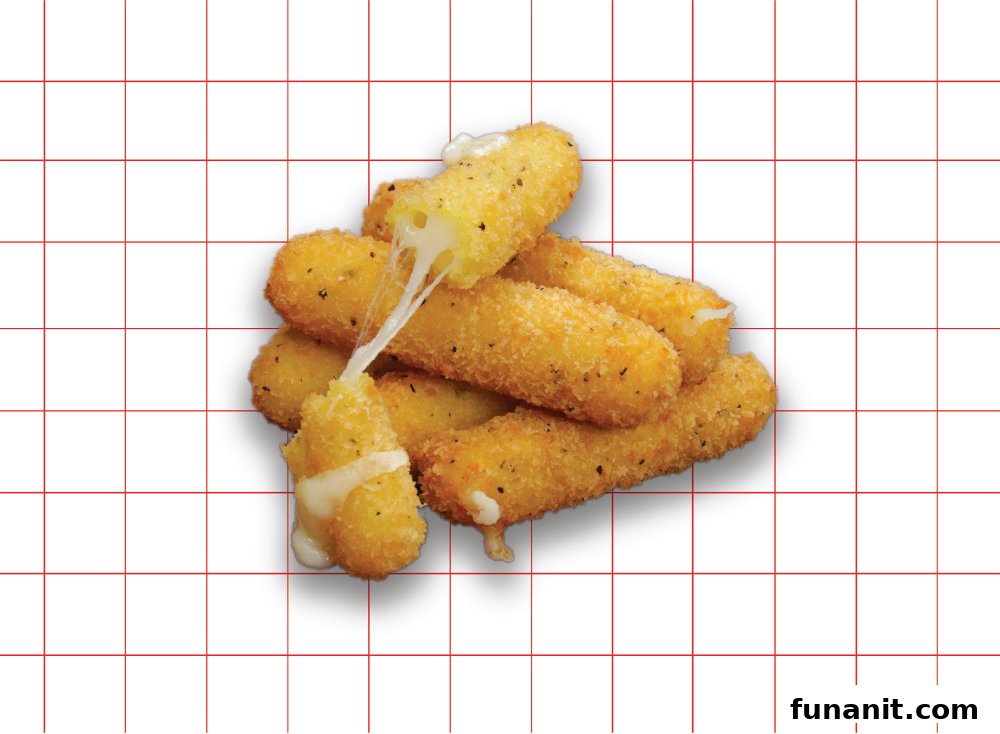 A close-up of golden-brown mozzarella sticks, one pulled apart showing melted, stringy cheese.