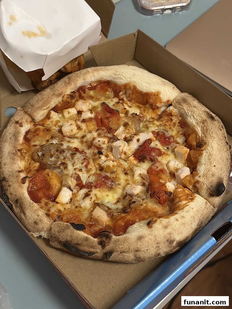 A close-up of a delicious-looking pizza with chicken and tomatoes in a takeout box.