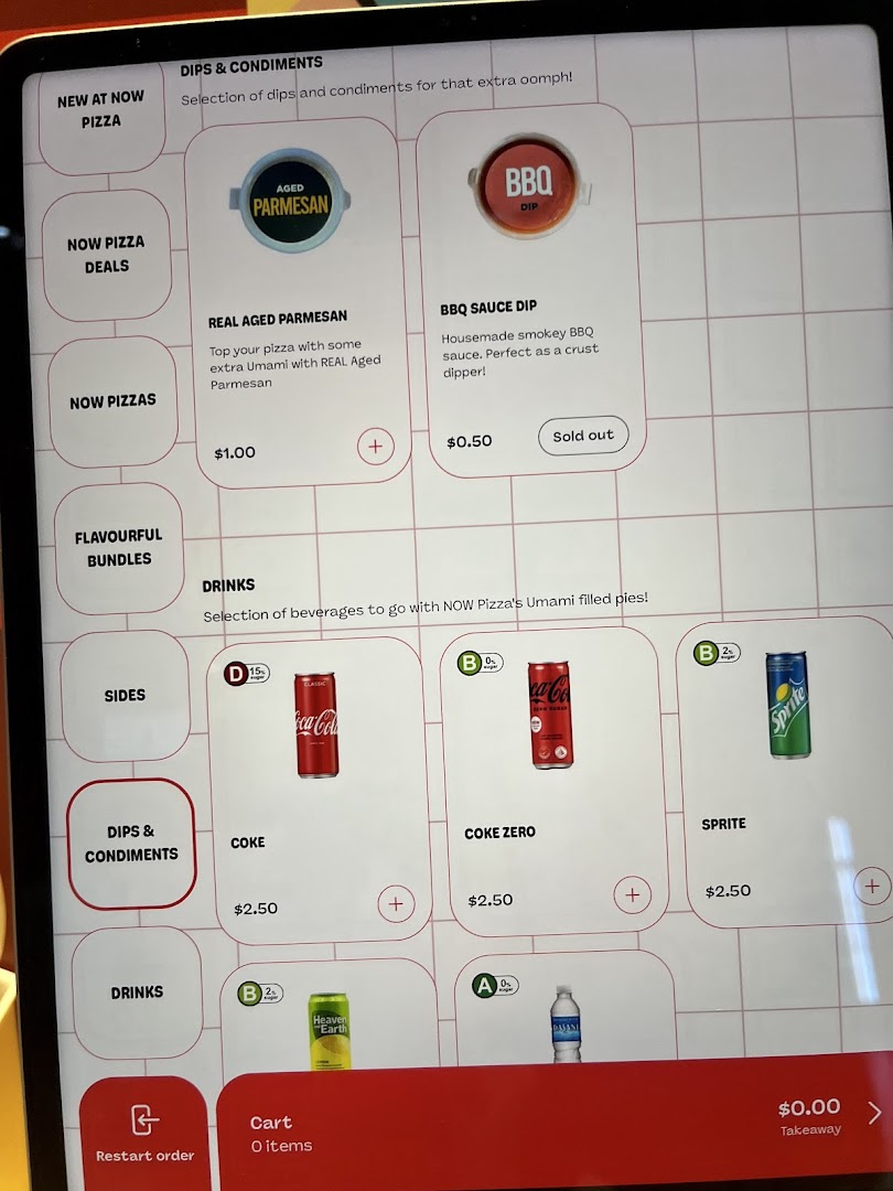 A digital menu screen displaying dips, condiments, and drinks available at Now Pizza.