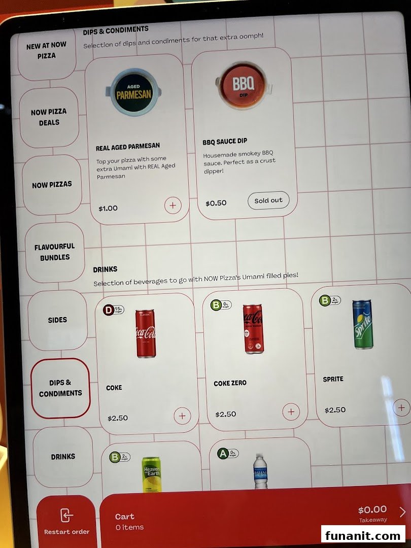 A digital menu screen displaying dips, condiments, and drinks available at Now Pizza.