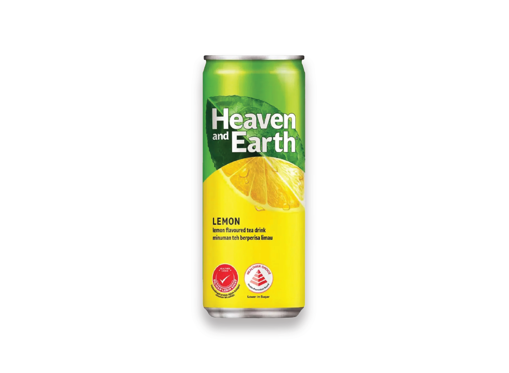 A can of Heaven and Earth lemon flavoured tea drink on a white background.