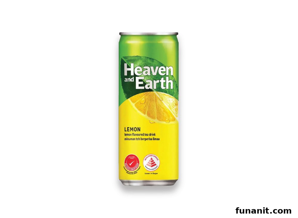A can of Heaven and Earth lemon flavoured tea drink on a white background.