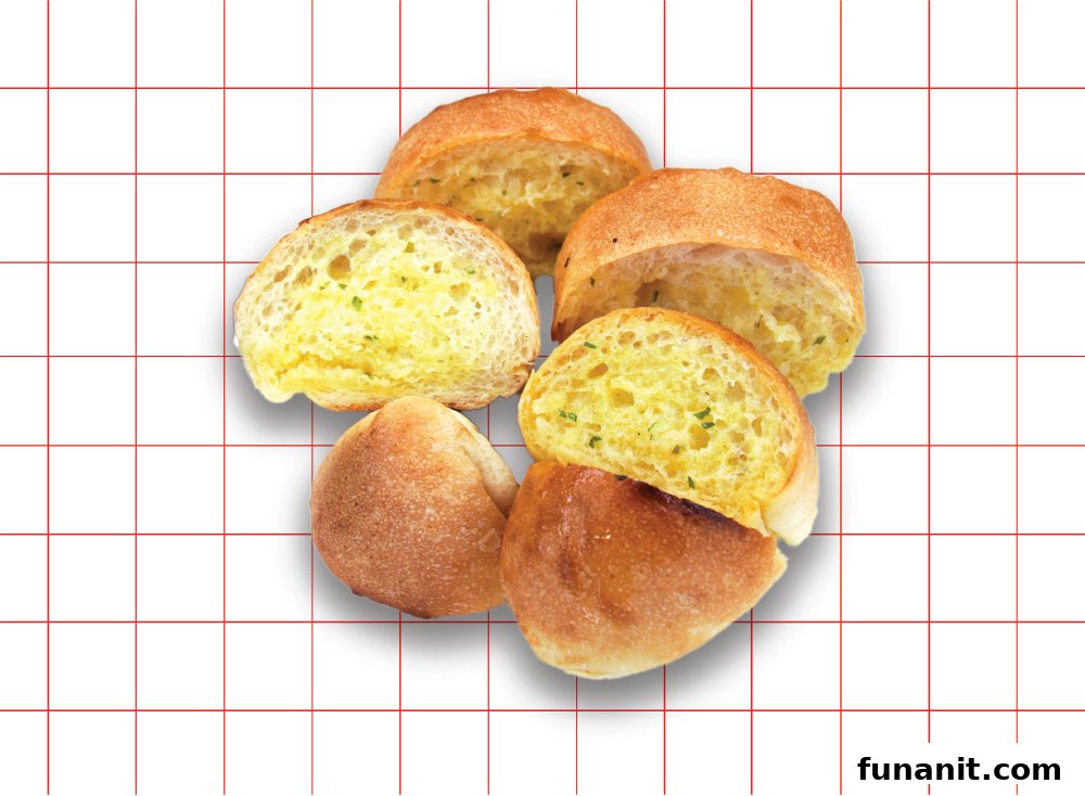 A close-up of several golden-brown garlic bread rolls, some sliced to reveal their buttery, herb-infused interior.